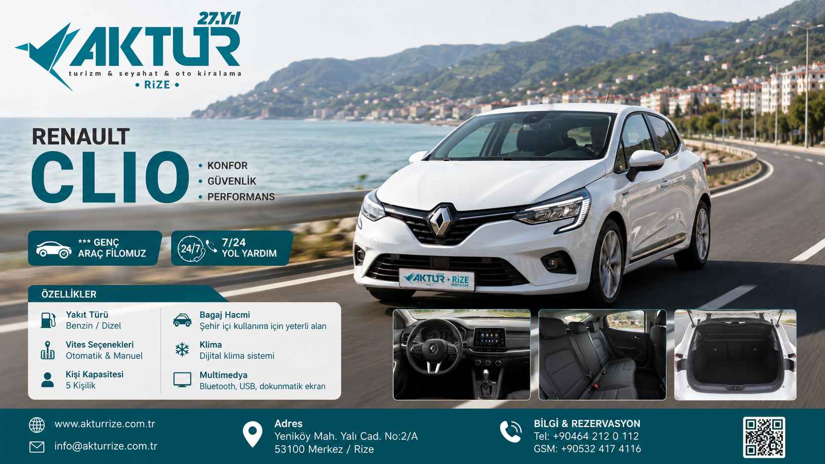 Rize'de Renault Clio kiralama hizmeti, ekonomik ve konforlu araç seçenekleri - Aktur Rize Oto Kiralama