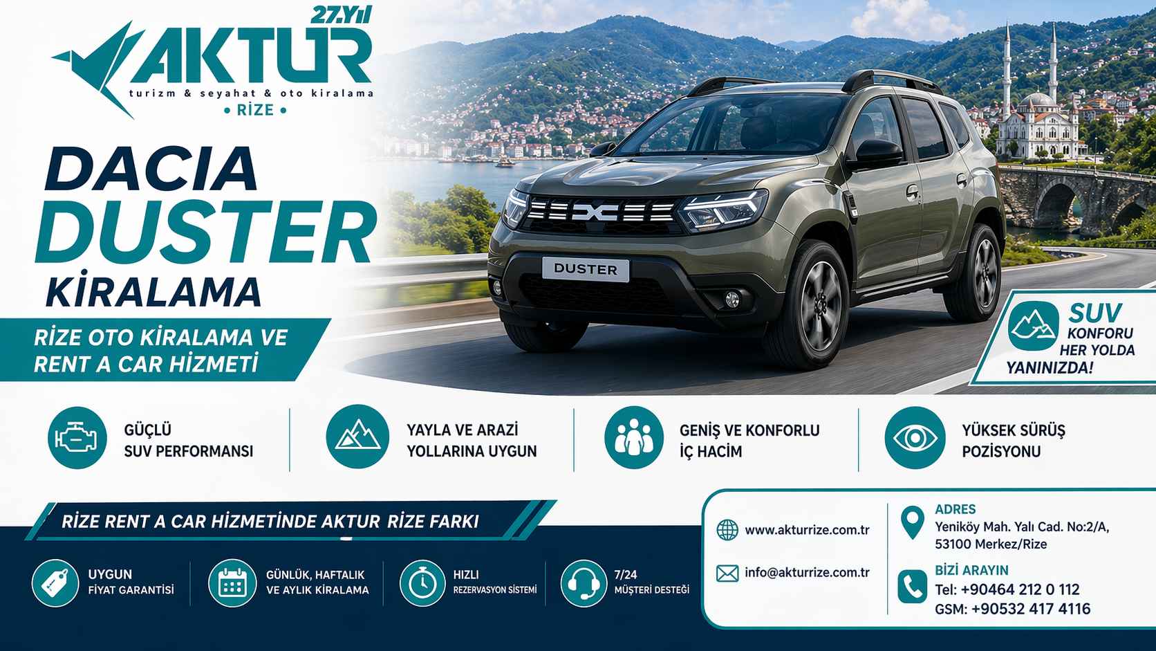 Dacia Duster Kiralama Rize Oto Kiralama Rent a Car Hizmeti Aktur Rize SUV Araç Kiralama