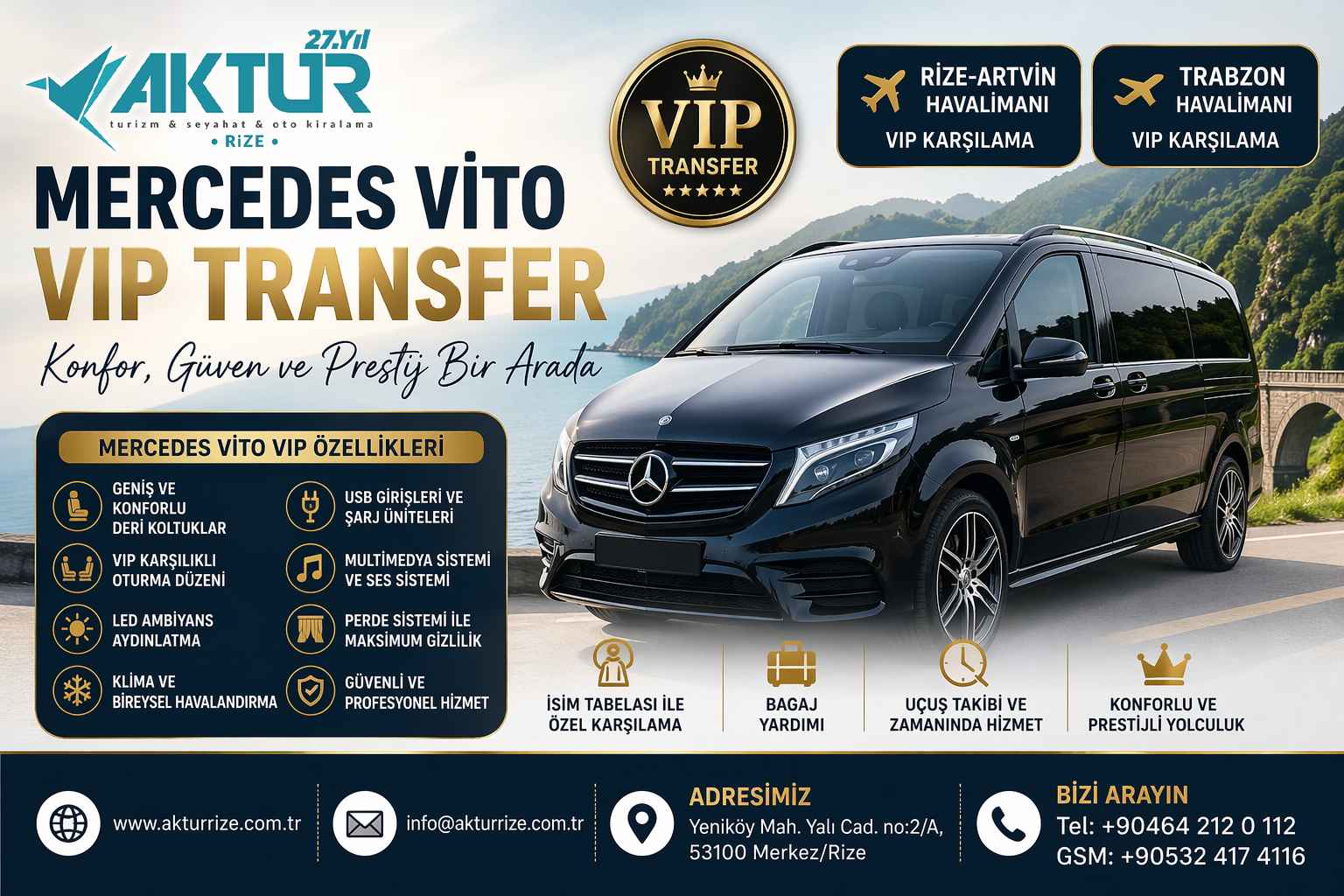 Rize VIP Transfer araçları Mercedes Vito Audi A6 Sprinter Travego şoförlü transfer hizmeti