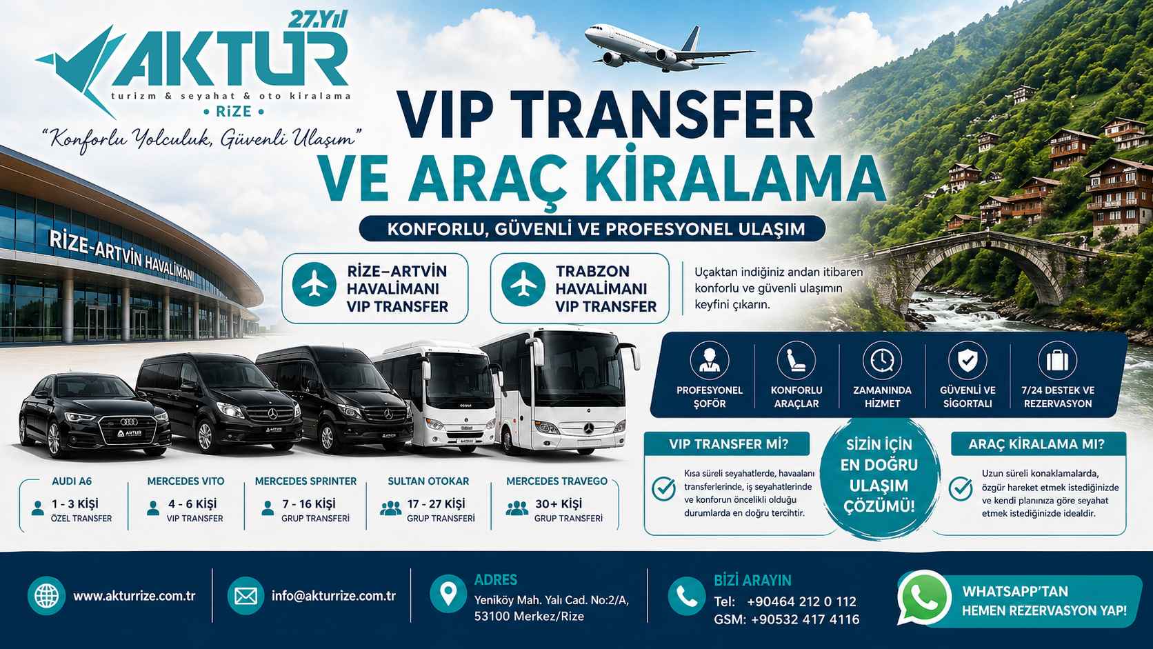 Rize Trabzon Havalimanı VIP transfer hizmeti Aktur Rize konforlu ulaşım aracı